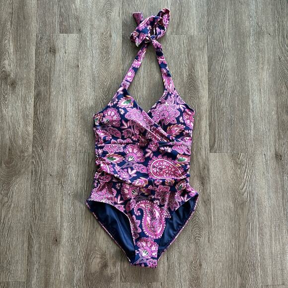 NWT Boden Levanzo Ruched Halter One Piece Swimsuit Paisley Terrace Sz 8 - Picture 1 of 6